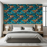 Bedroom tiger lotus wallpaper with blue leaves and yellow lotus blooms