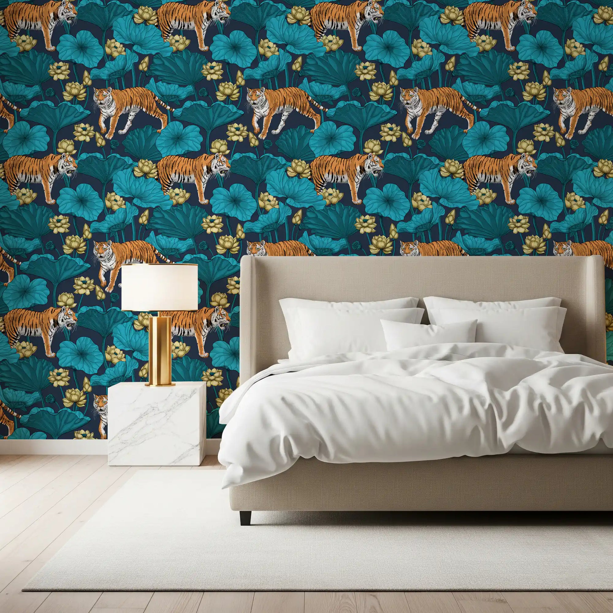 Bedroom blue yellow tiger wallpaper with lotus pond leaves and flowers