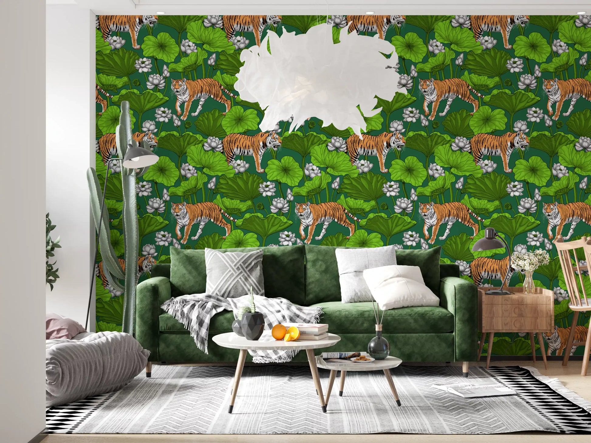 Lotus leaf wallpaper with tigers, white flowers, and calm pond-inspired detail