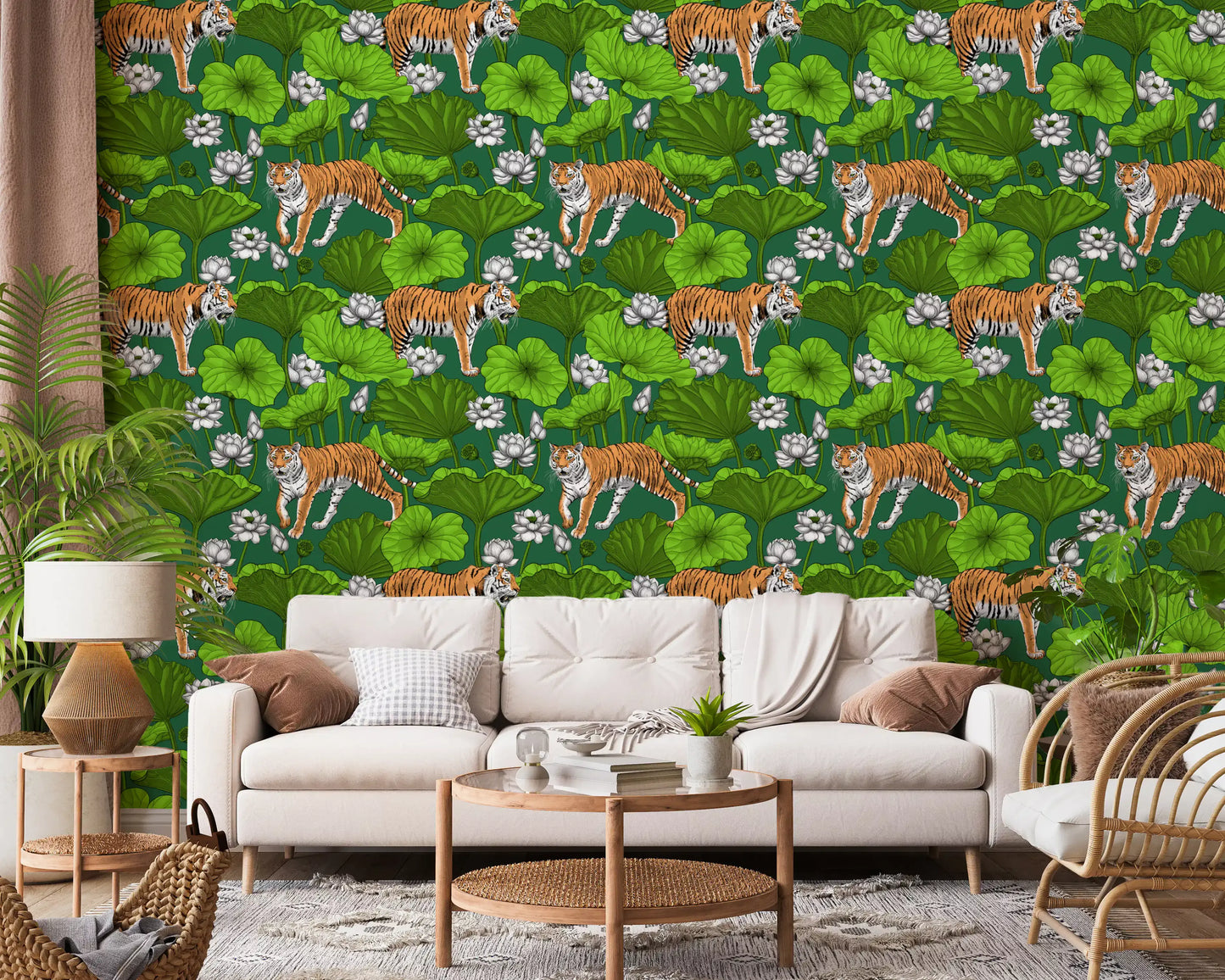 Dining room green lotus wallpaper with tigers and botanical pond detail