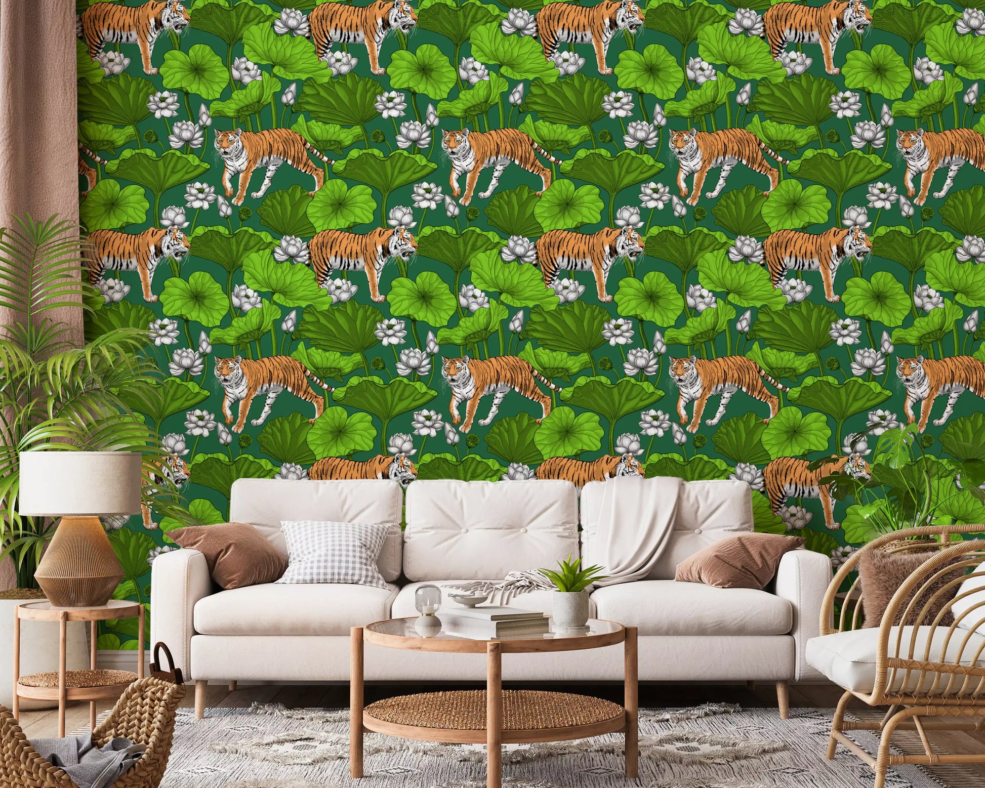 Dining room green lotus wallpaper with tigers and botanical pond detail