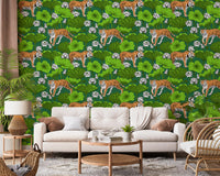 Dining room green lotus wallpaper with tigers and botanical pond detail