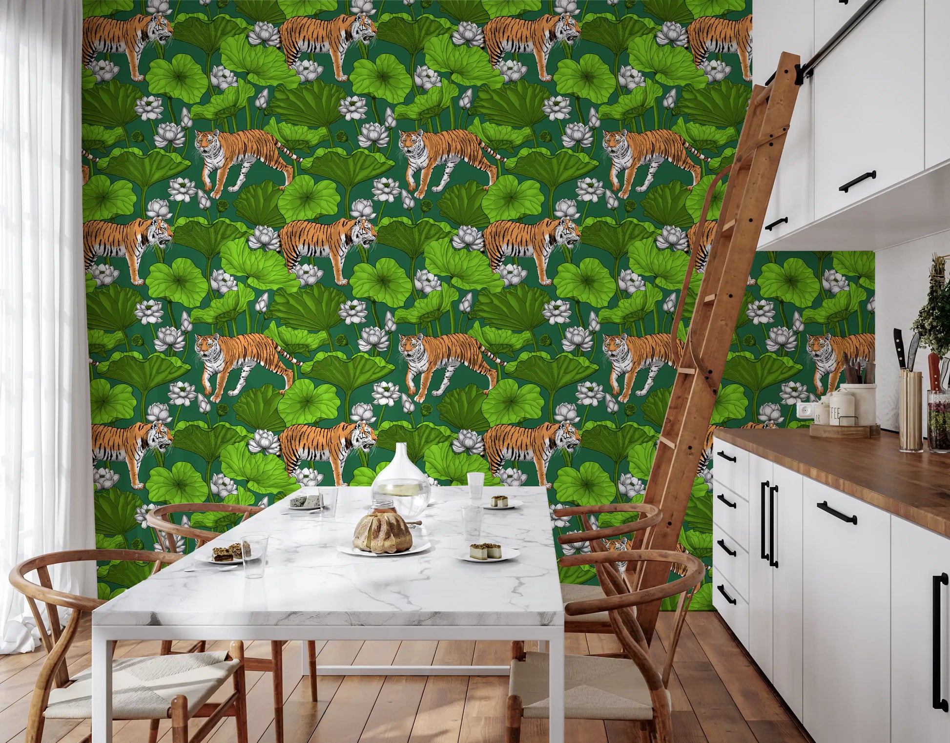 Botanical tiger wallpaper with lotus pond pattern on a rich green background