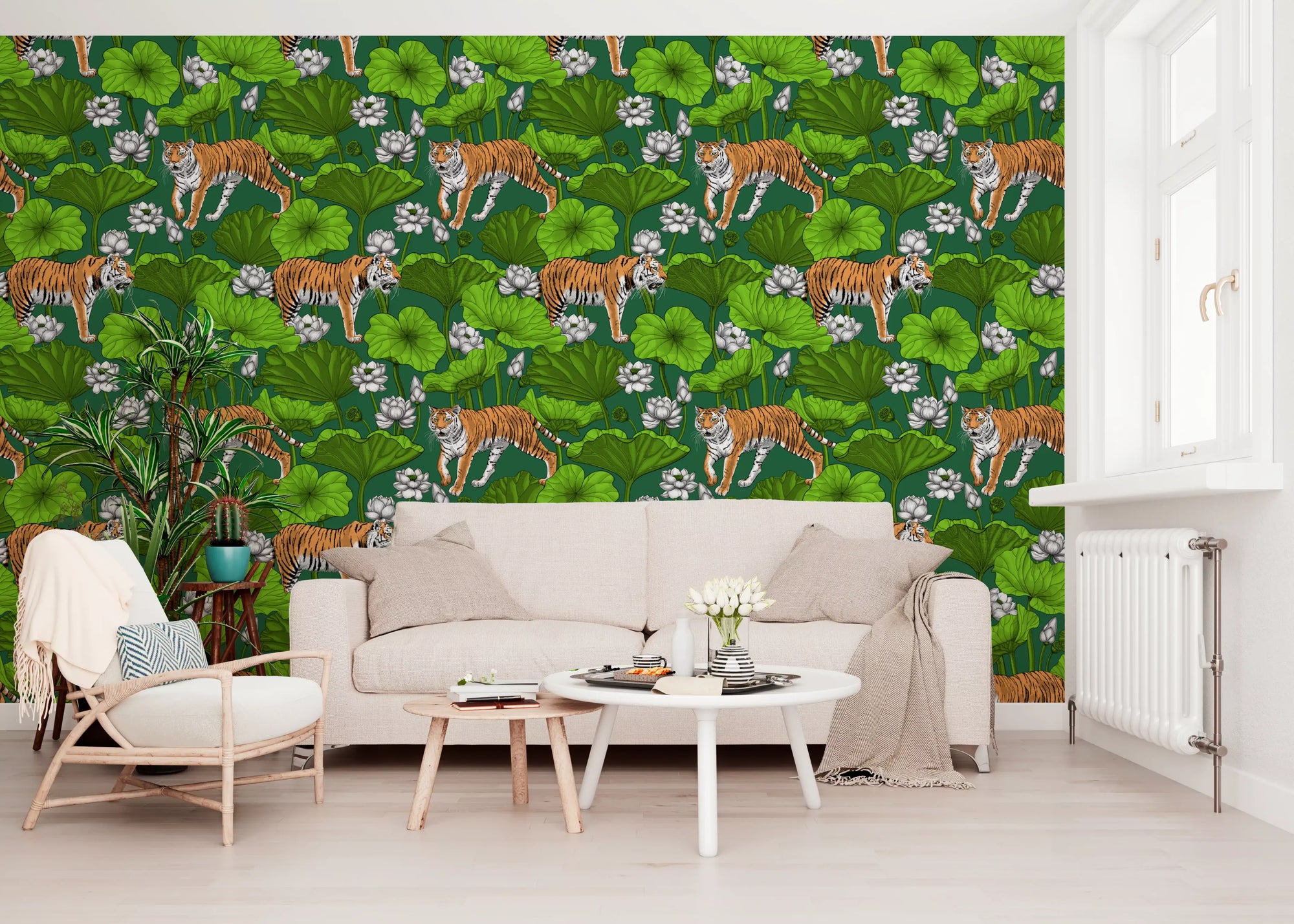 Living room tiger lotus pond wallpaper in green and white with bold leaves