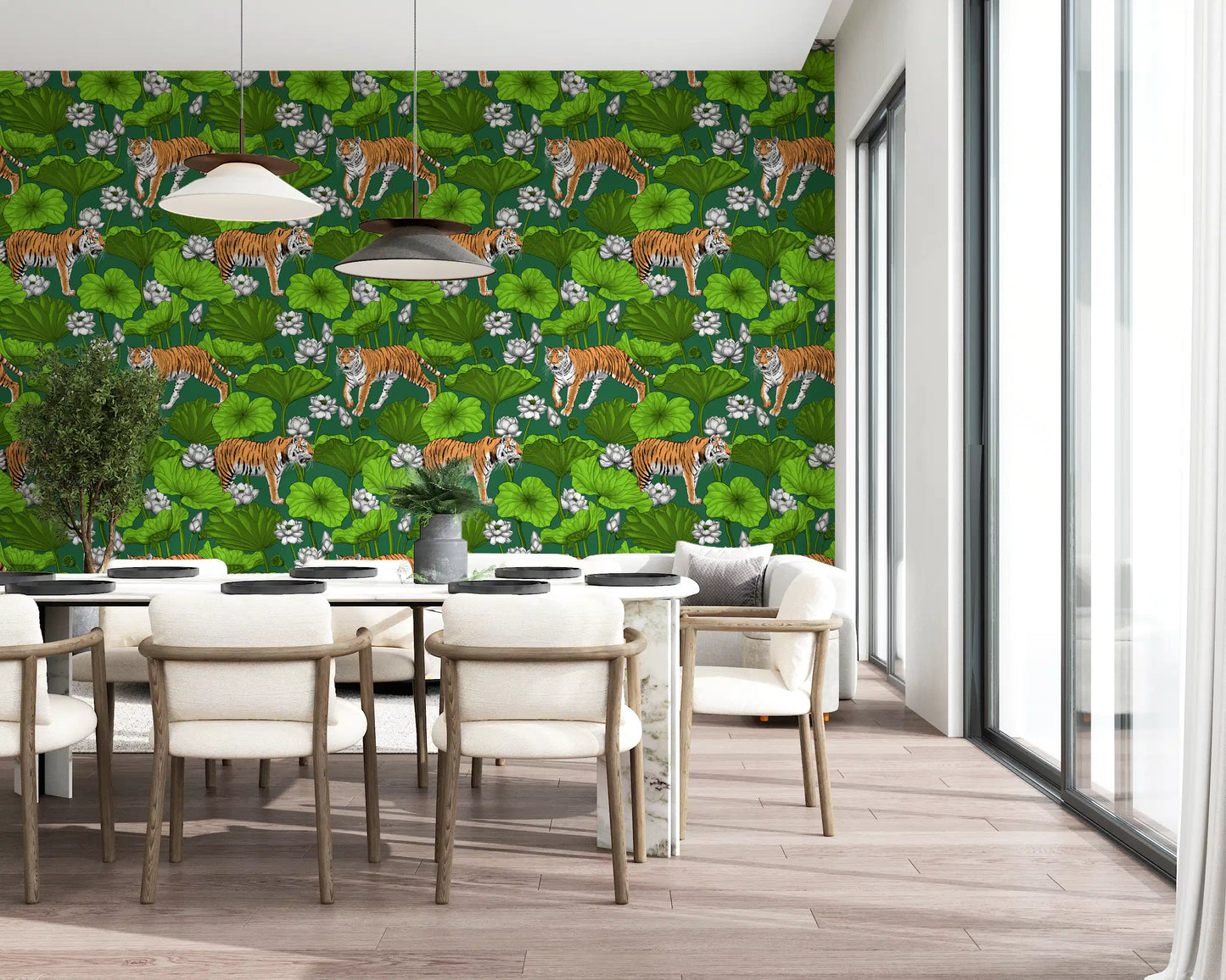 Green and white wallpaper showing tigers, lotus blooms, and pond foliage