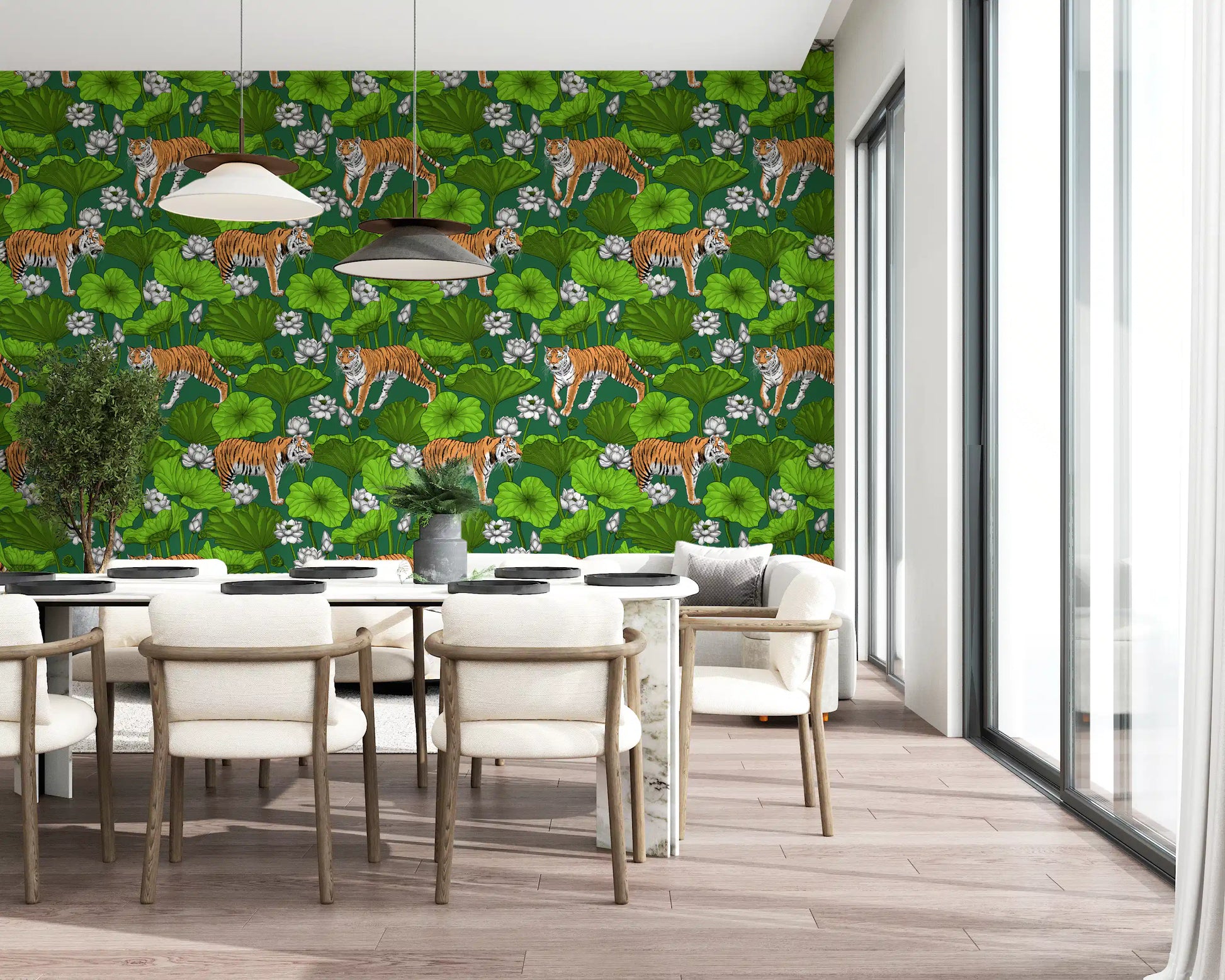 Green and white wallpaper showing tigers, lotus blooms, and pond foliage
