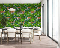 Green and white wallpaper showing tigers, lotus blooms, and pond foliage