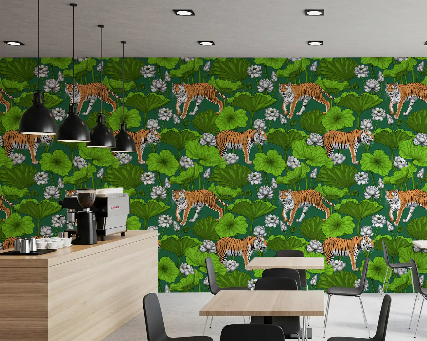 Cafe area tiger wallpaper featuring white lotus blooms and broad leaves