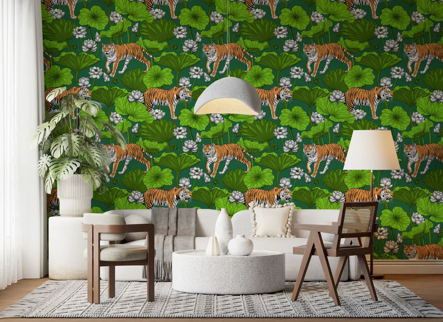 Green wildlife wallpaper featuring tiger figures and lotus pond artwork