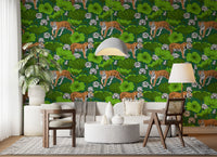 Green wildlife wallpaper featuring tiger figures and lotus pond artwork
