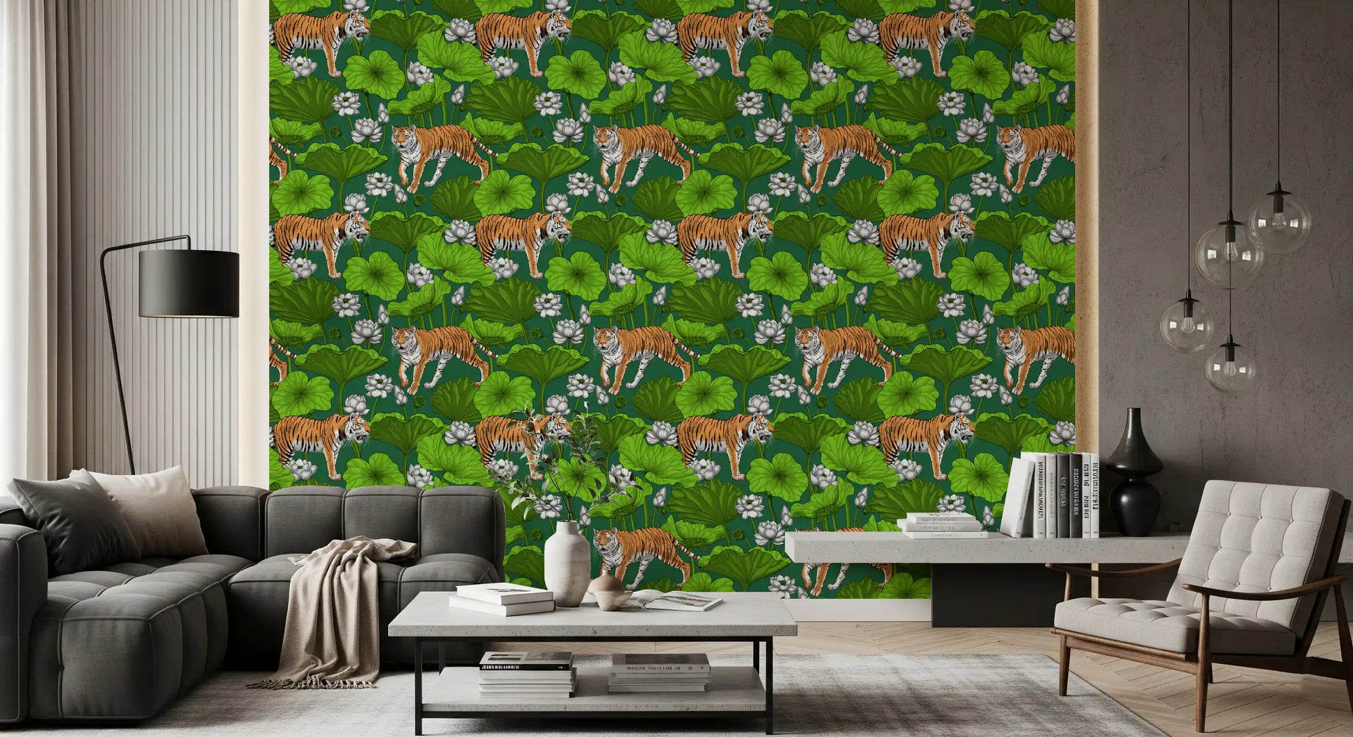 Tigers in lotus pond wallpaper with white flowers and layered green leaves