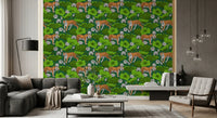 Tigers in lotus pond wallpaper with white flowers and layered green leaves