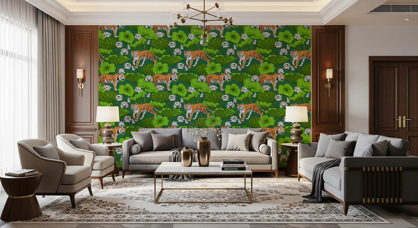 Living room green white tiger wallpaper with lotus flowers and pond foliage