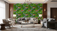 Living room green white tiger wallpaper with lotus flowers and pond foliage