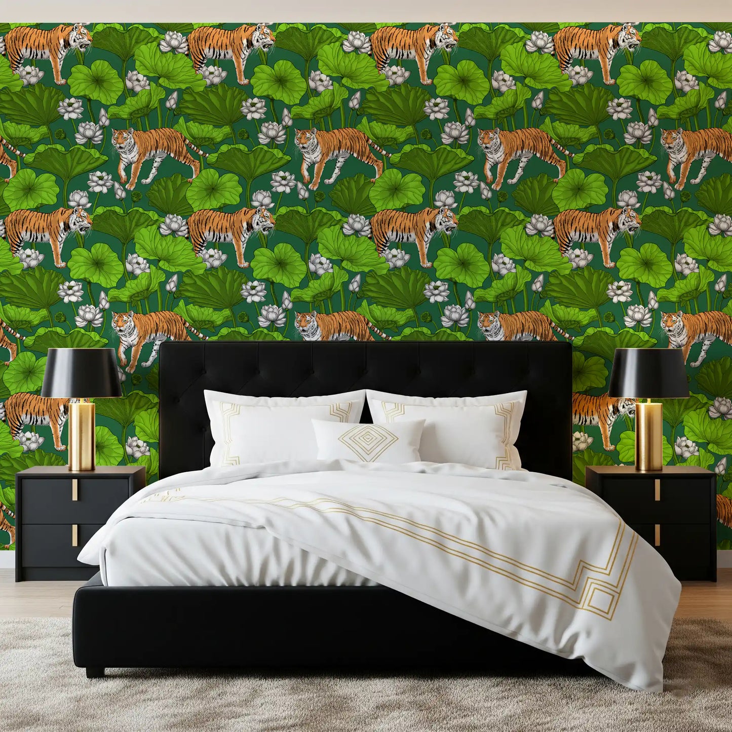 Bedroom lotus pond wallpaper with prowling tigers on deep green ground