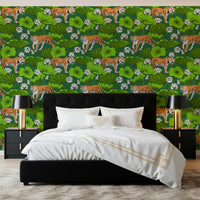 Bedroom lotus pond wallpaper with prowling tigers on deep green ground