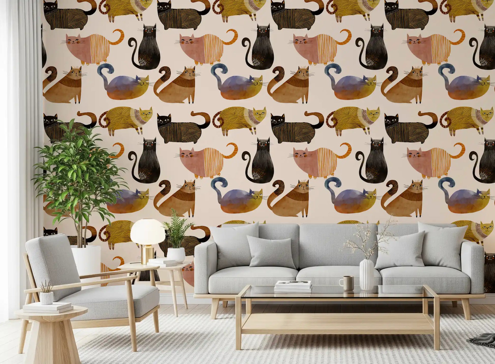 Soft animal wallpaper with curled cat tails, stripe details, and painted texture