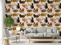 Soft animal wallpaper with curled cat tails, stripe details, and painted texture