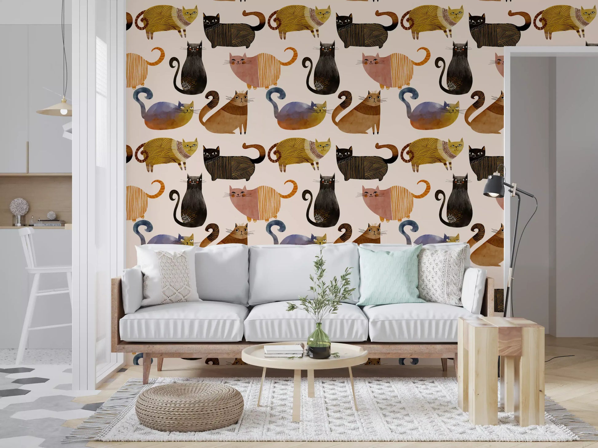 Cat wallpaper pattern with curled tails, striped bodies, and soft cream background