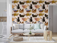 Cat wallpaper pattern with curled tails, striped bodies, and soft cream background
