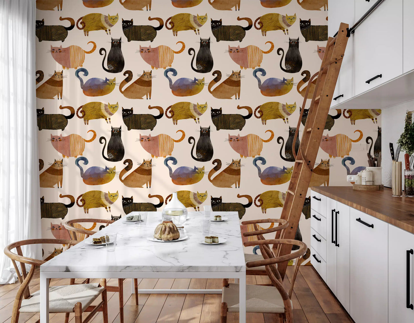 Playful cats wallpaper showing curved tails, painted marks, and warm animal style