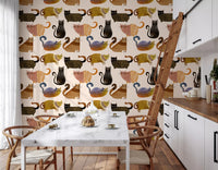 Playful cats wallpaper showing curved tails, painted marks, and warm animal style