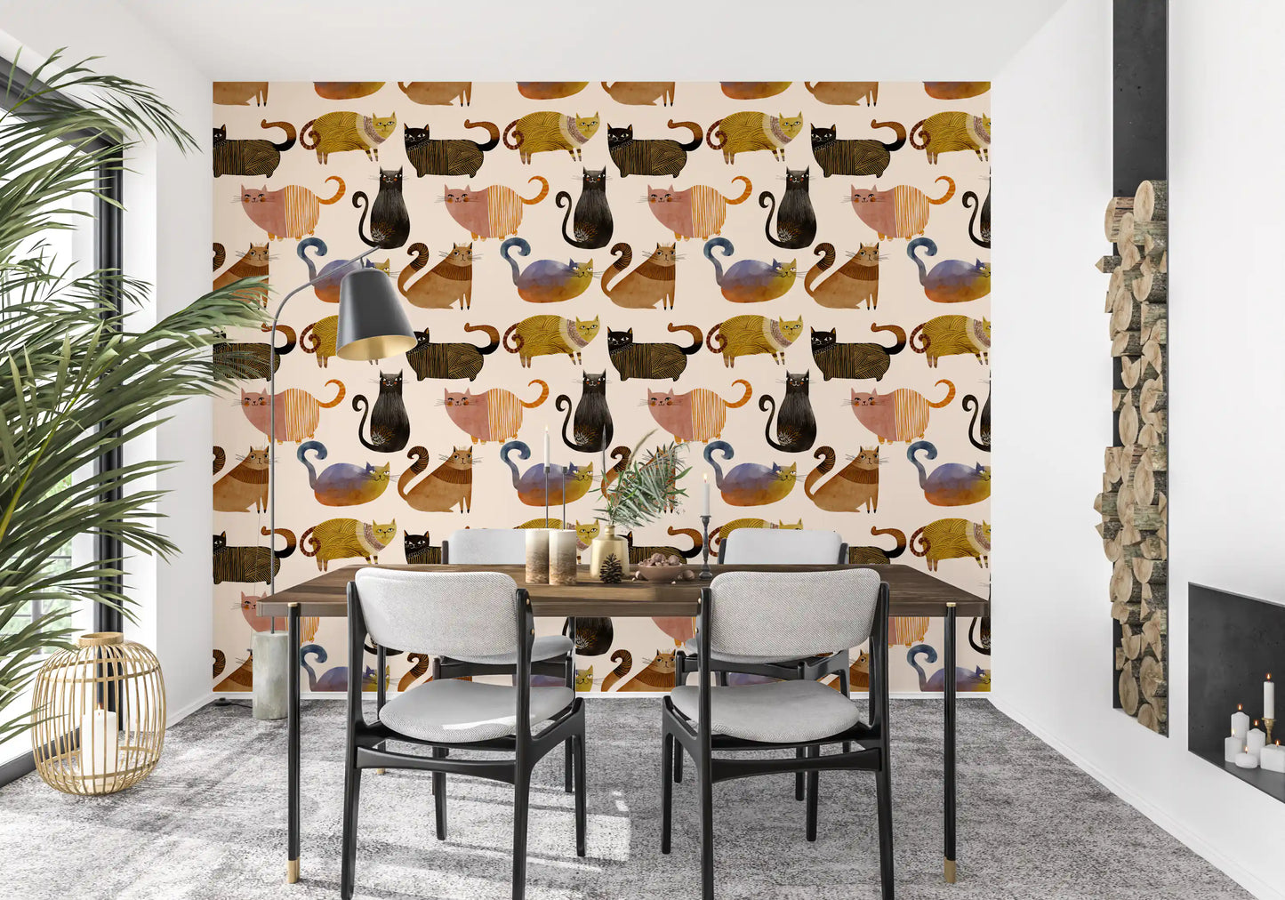 Dining room cat wallpaper with Curly Tail Club pattern and warm illustrated forms