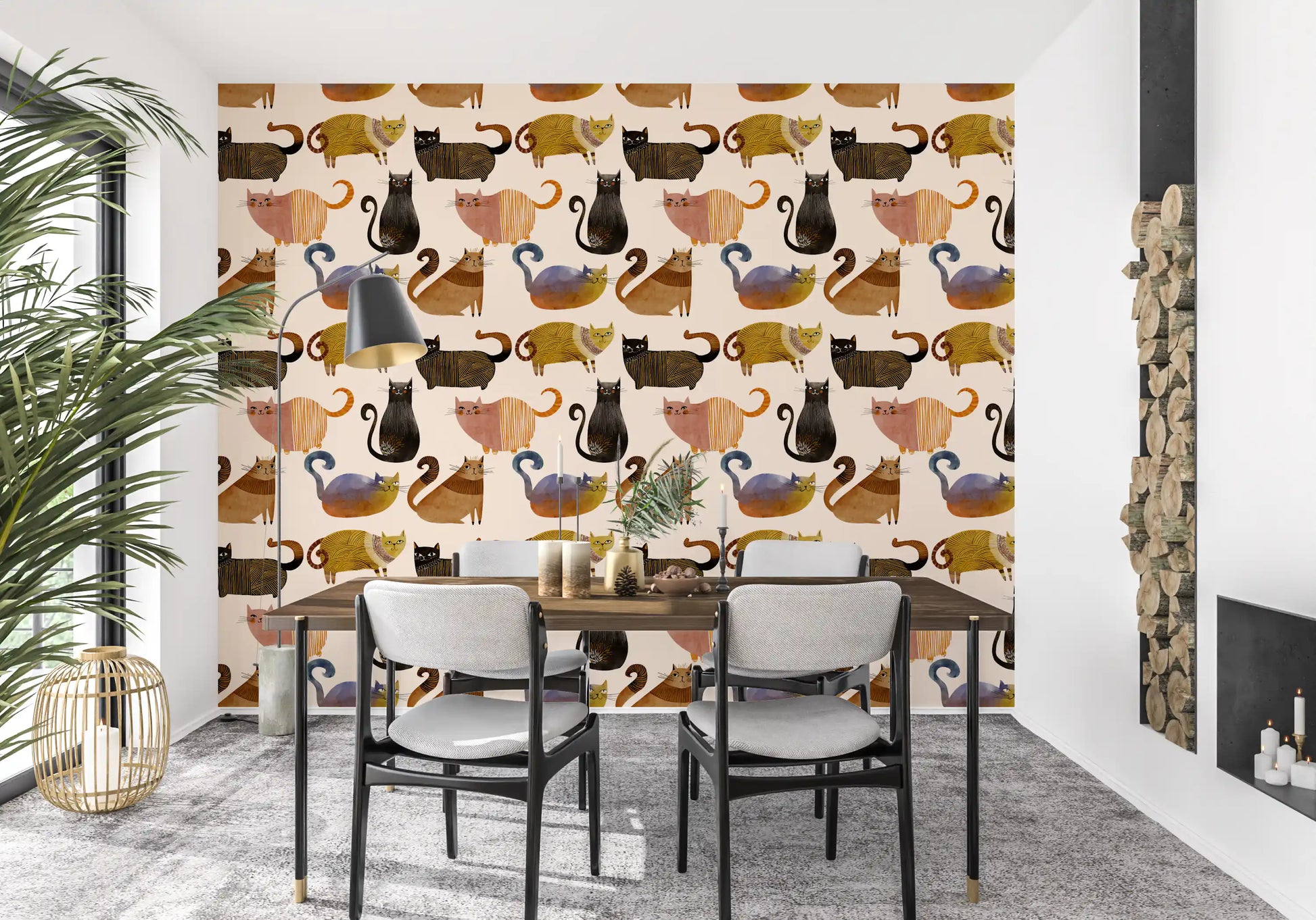 Dining room cat wallpaper with Curly Tail Club pattern and warm illustrated forms