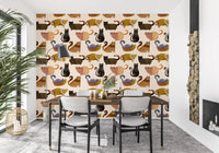 Dining room cat wallpaper with Curly Tail Club pattern and warm illustrated forms