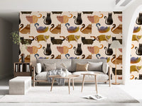 Living room Curly Tail Club Wallpaper with warm cat figures and curled tails