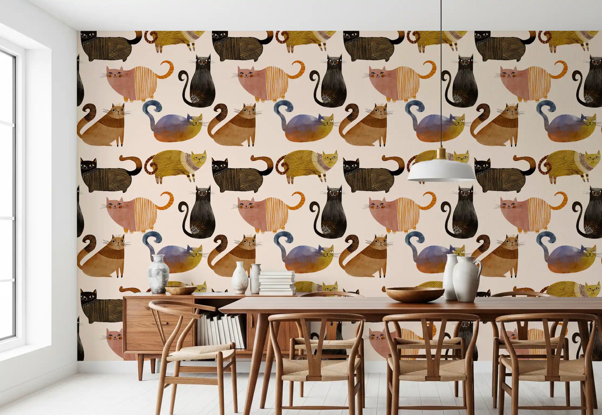 Curly Tail Club Wallpaper with black, ocher, blush, and blue cat designs