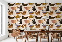 Curly Tail Club Wallpaper with black, ocher, blush, and blue cat designs