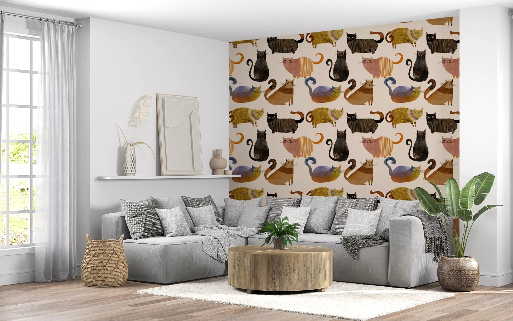 Hallway Curly Tail Wallpaper with playful club cats and soft painted texture