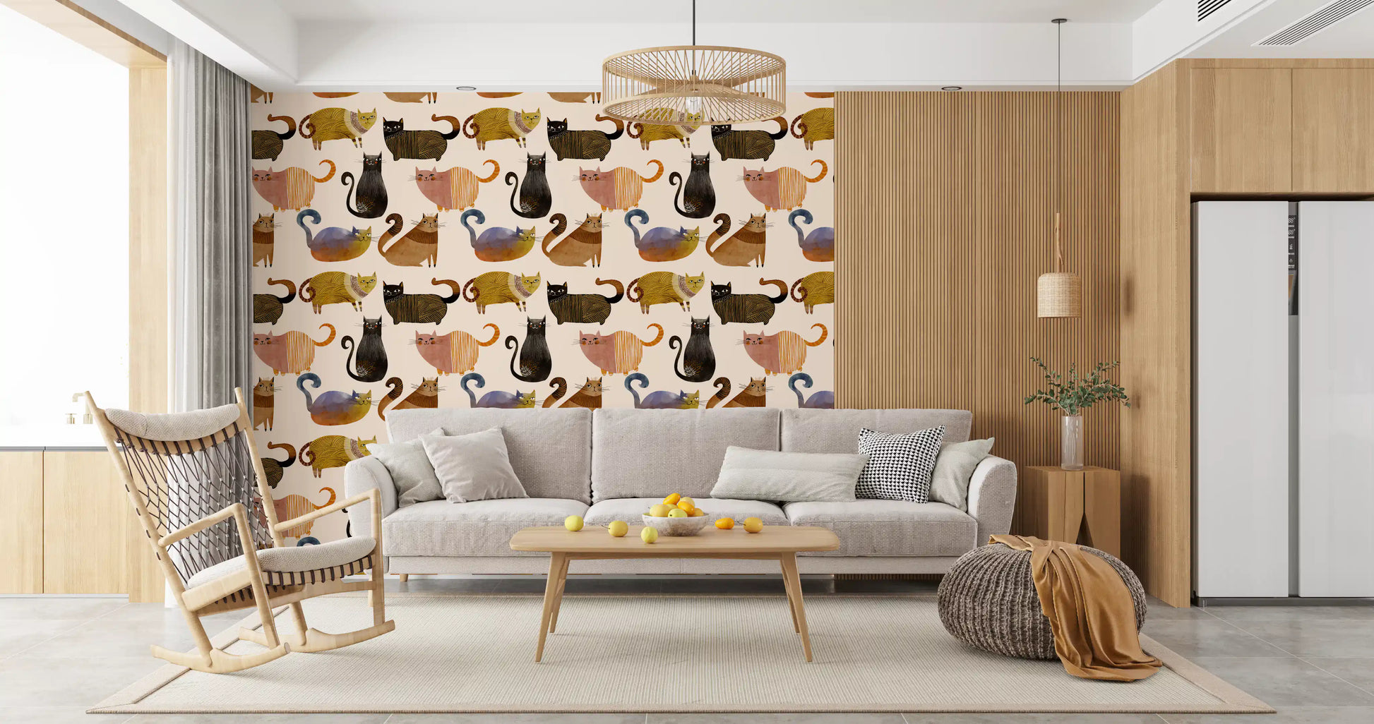 Curly Tail Wallpaper with illustrated club cats in rust, brown, and black tones