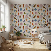 Muted Watercolor Birds & Blobs Wallpaper with soft birds and rounded pastel forms