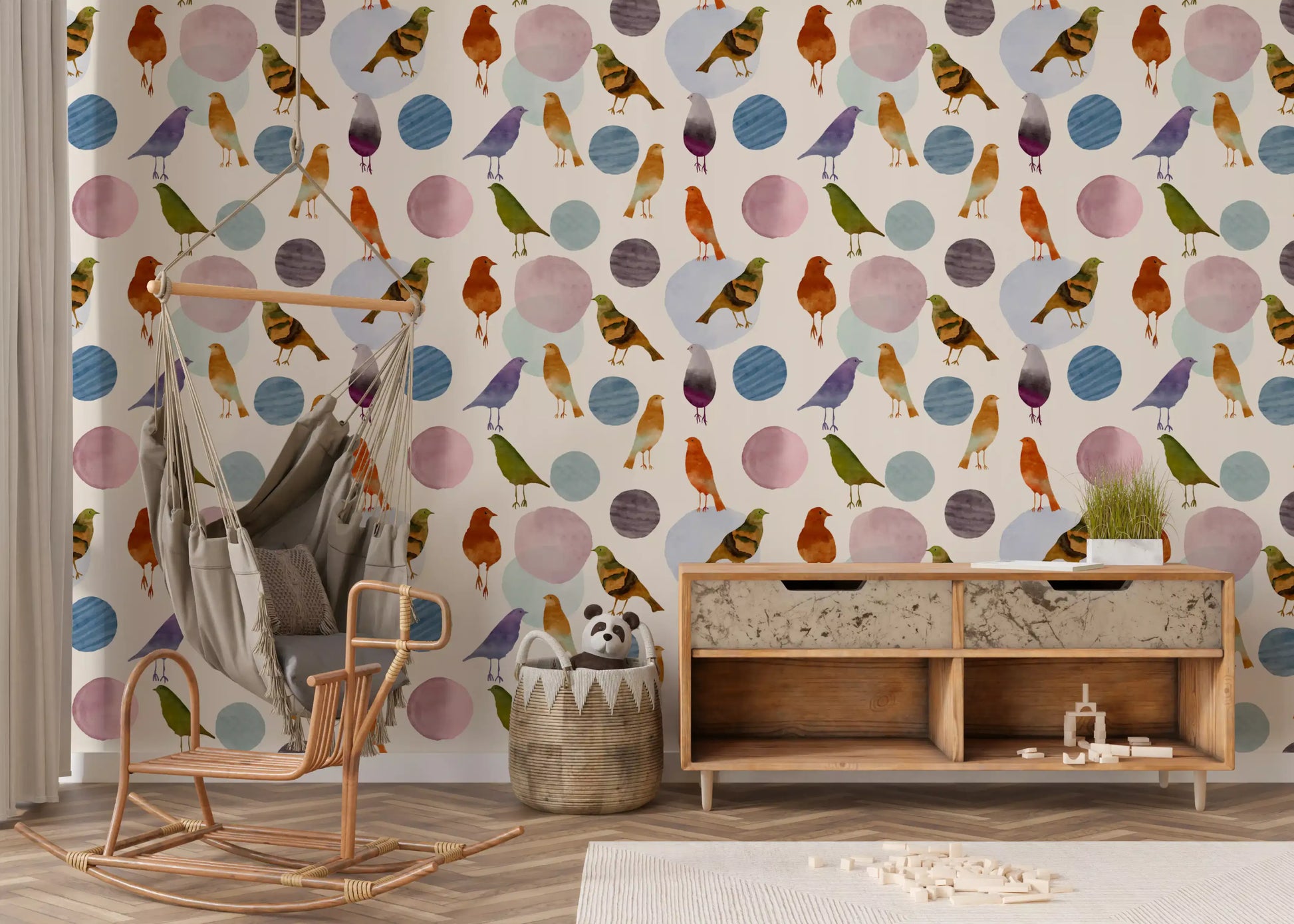 Home Watercolor Birds Wallpaper with muted blobs and pastel pattern flow
