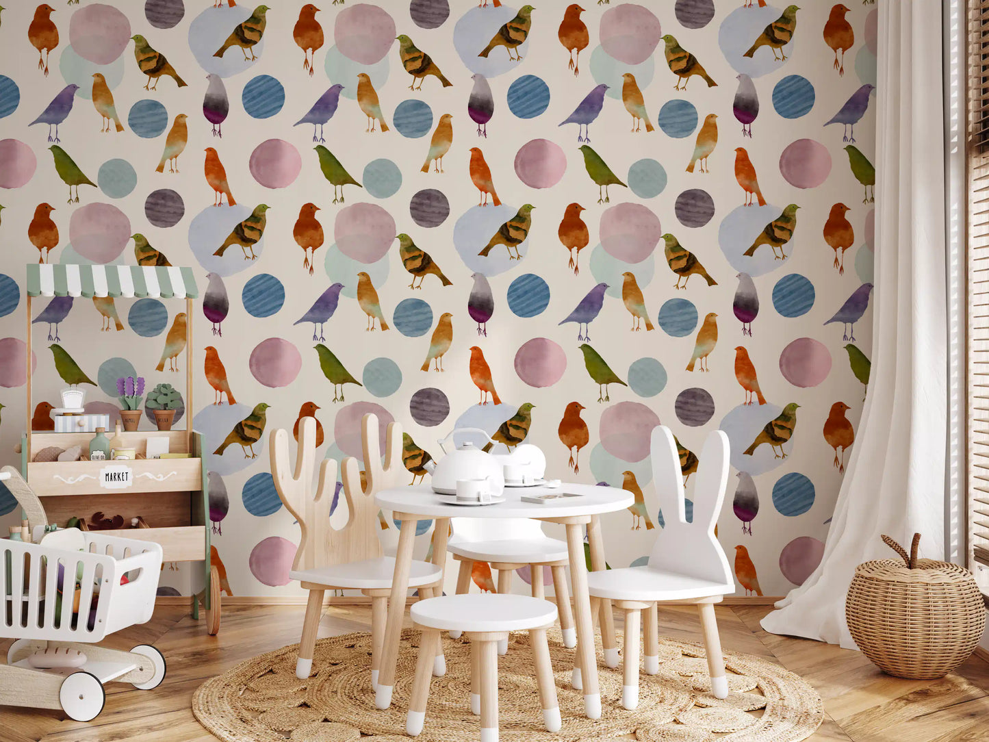 Birds & Blobs Wallpaper with watercolor texture and calm pastel color balance
