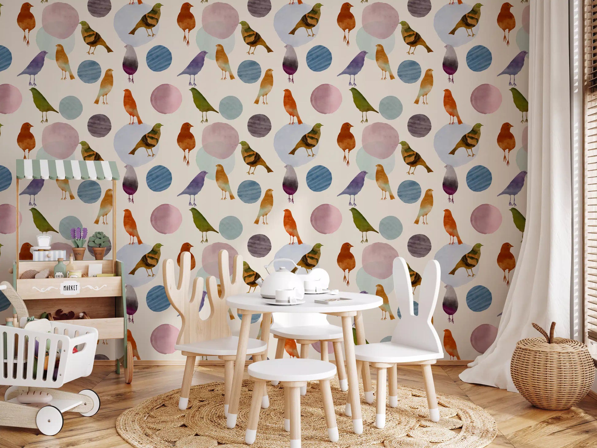 Birds & Blobs Wallpaper with watercolor texture and calm pastel color balance