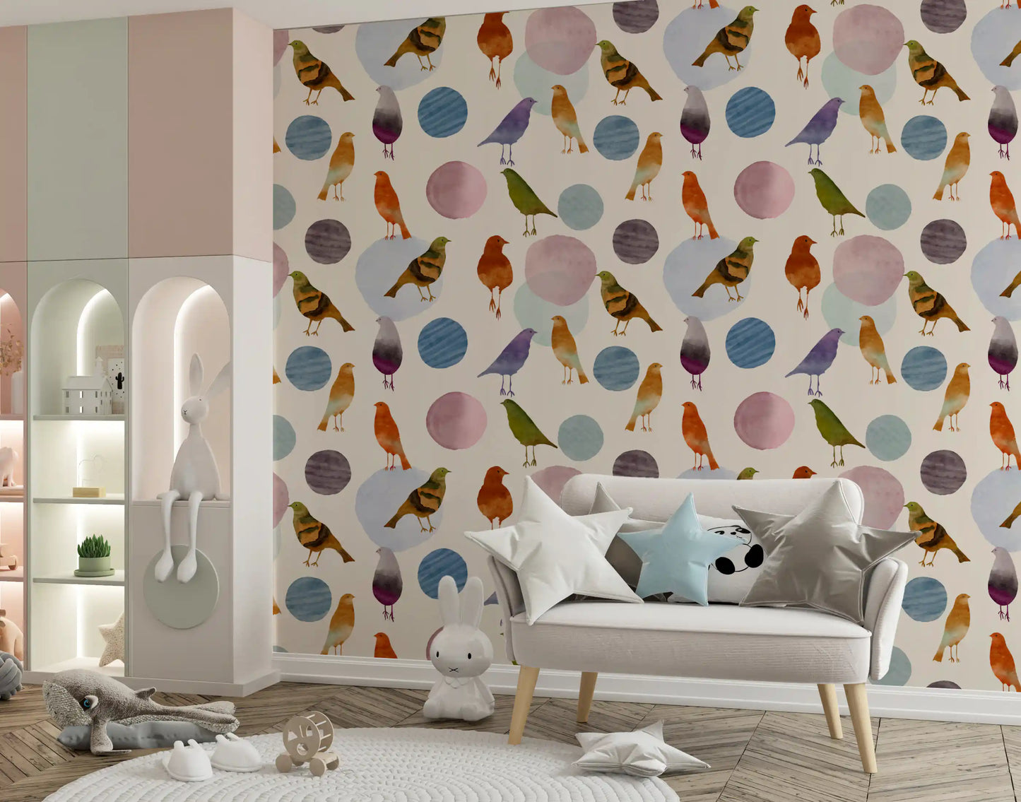 Kids room Birds Blobs Wallpaper with painted birds and soft abstract circles