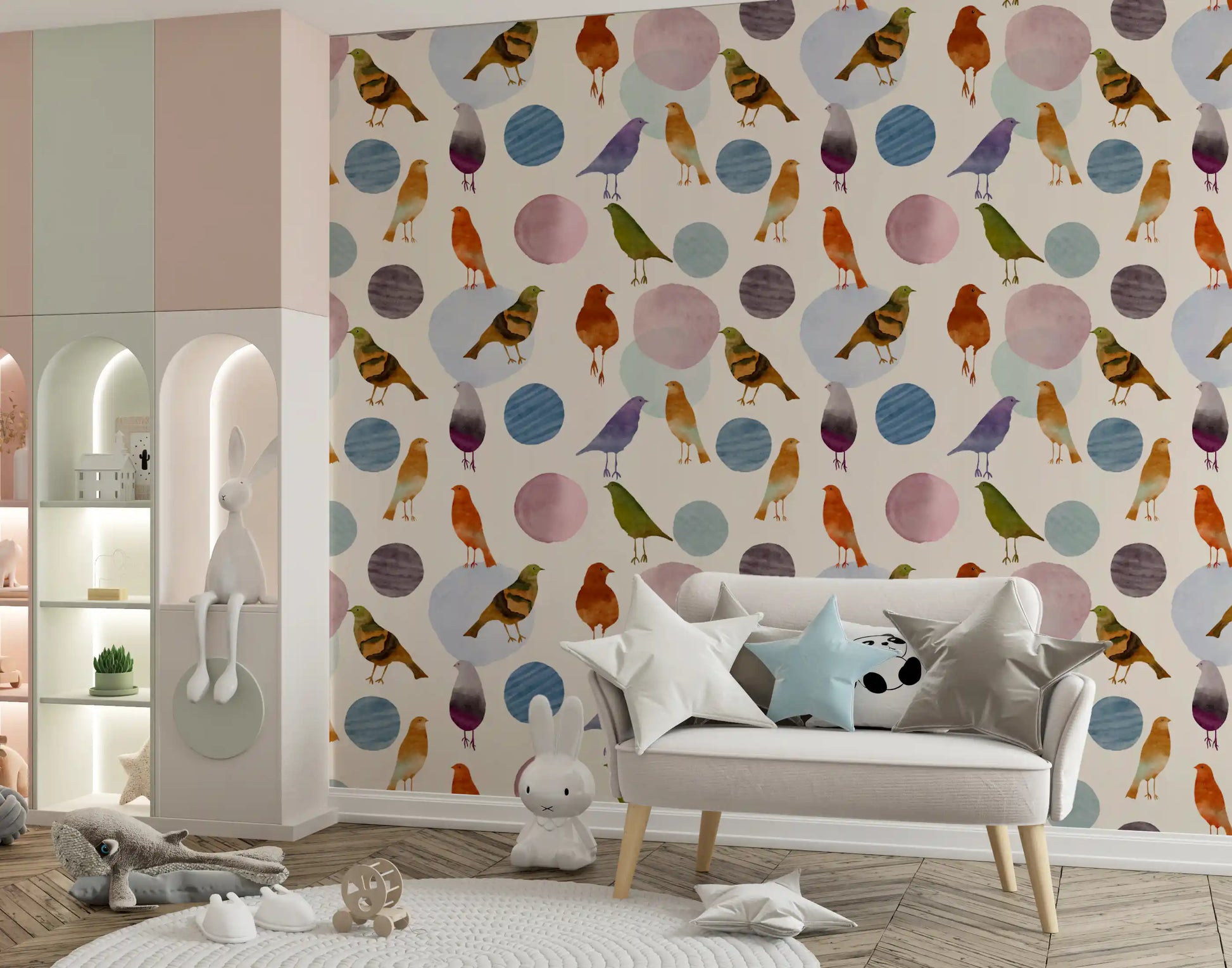 Kids room Birds Blobs Wallpaper with painted birds and soft abstract circles