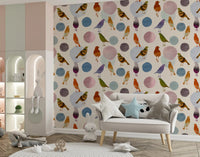 Kids room Birds Blobs Wallpaper with painted birds and soft abstract circles