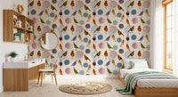 Kids room Muted Watercolor Birds Wallpaper with pastel blobs and bird shapes
