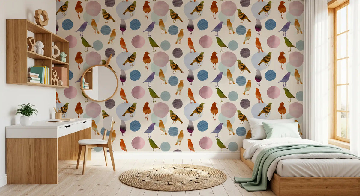 Kids room Muted Watercolor Birds Wallpaper with pastel blobs and bird shapes