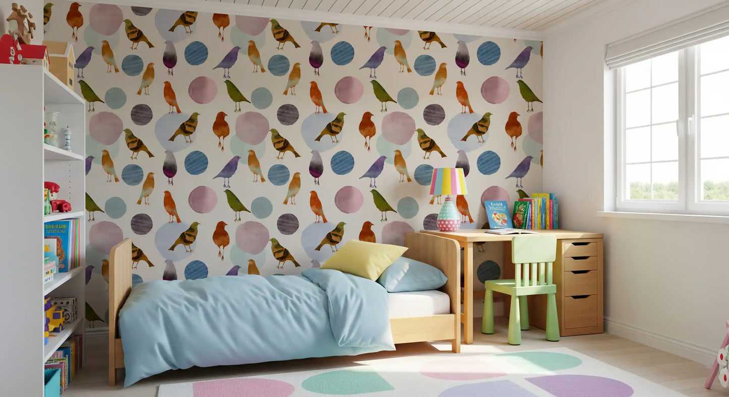 Pastel bird wallpaper showing muted watercolor birds and painted blob details