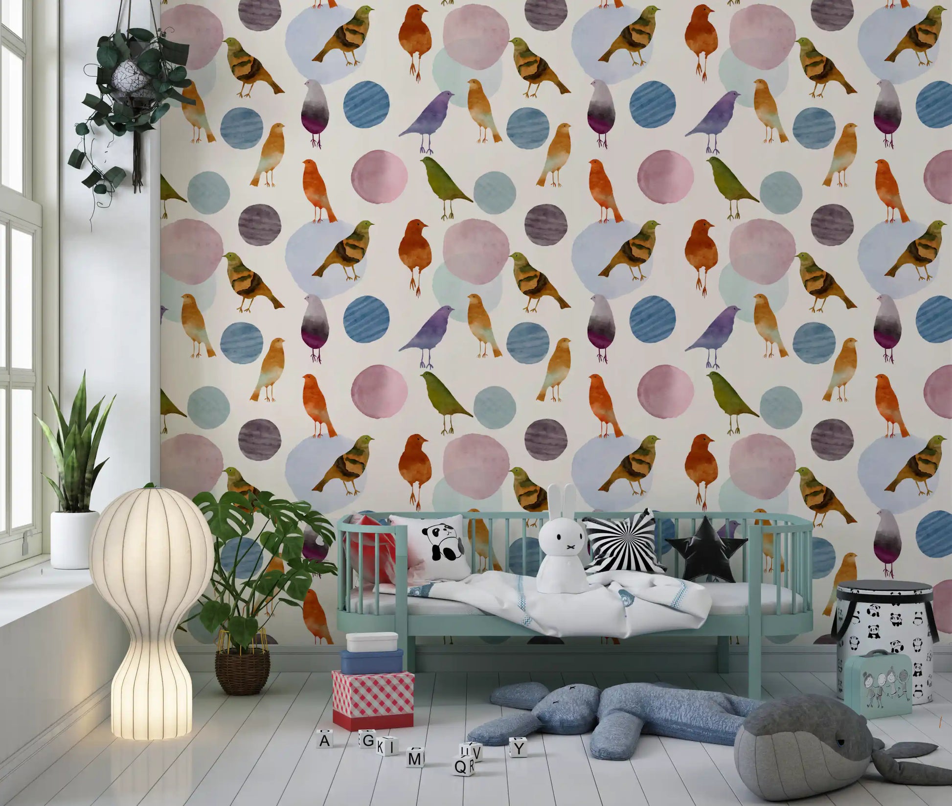 Play area Muted Watercolor Wallpaper showing birds, pastel blobs, and light tones
