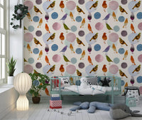 Play area Muted Watercolor Wallpaper showing birds, pastel blobs, and light tones