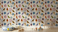 Muted bird wallpaper design with abstract blobs and soft painted bird figures