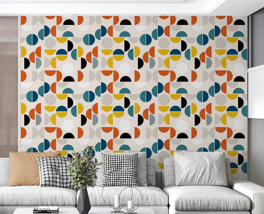 Living room Geometric Rhythm Wallpaper with orange, teal, and yellow curves