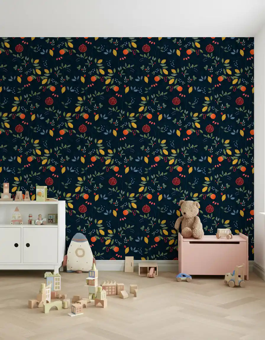 Citrus and berry wallpaper in a Vibrant Harvest dark blue repeating design