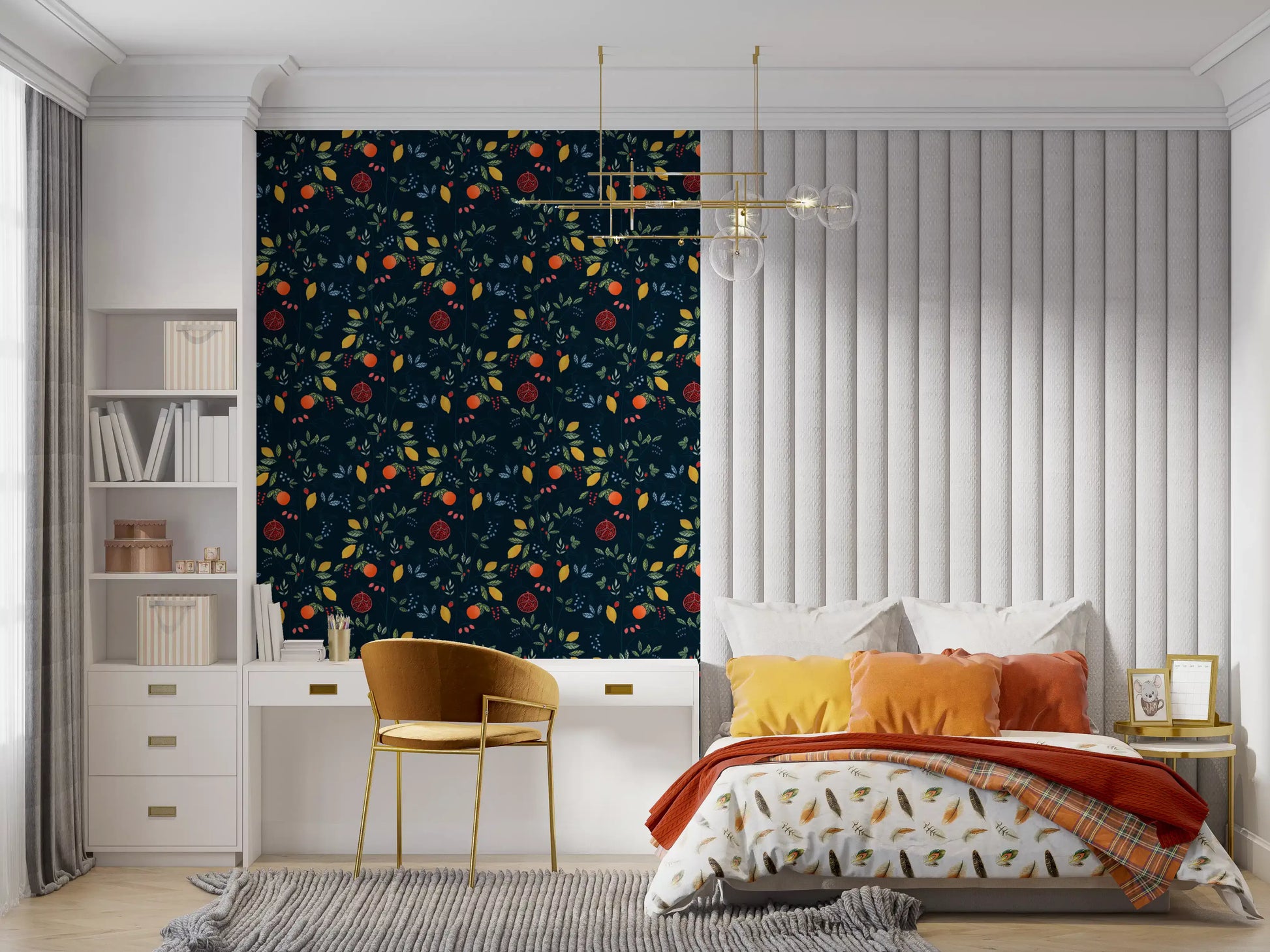 Bedroom Vibrant Harvest Dark Blue Wallpaper with citrus botanical print